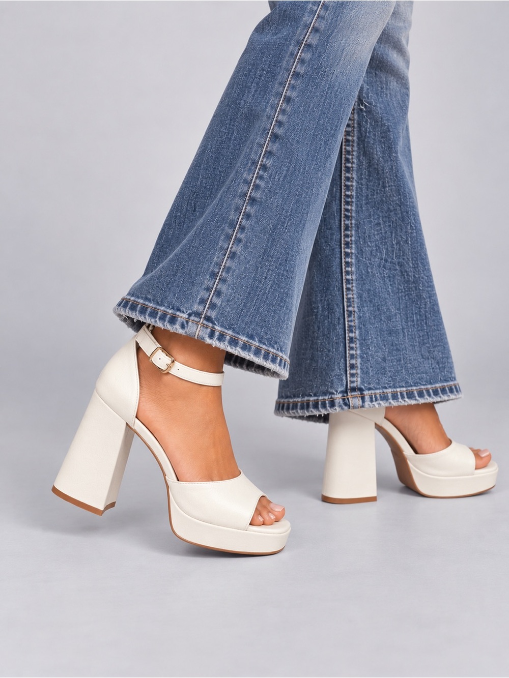 Ladies Top Moda Cream Platform Ankle-Strap Sandals